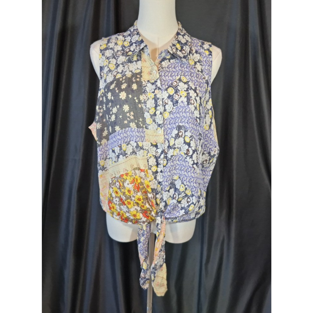Natural Life Lola Patchwork Floral Tie Front Blouse Orange Blue Multi Large - Picture 2 of 10
